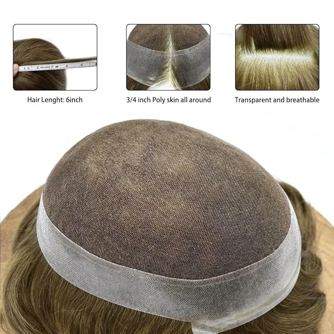 FACE MIRACLE Toupee for Men Lace Center Mens Toupee Hairpiece for Man Human Hair Replacement System Lace Center with Poly around Hair Units Mens Wig Hair Prosthesis 6"X9" 7# VERY LIGHT BROWN