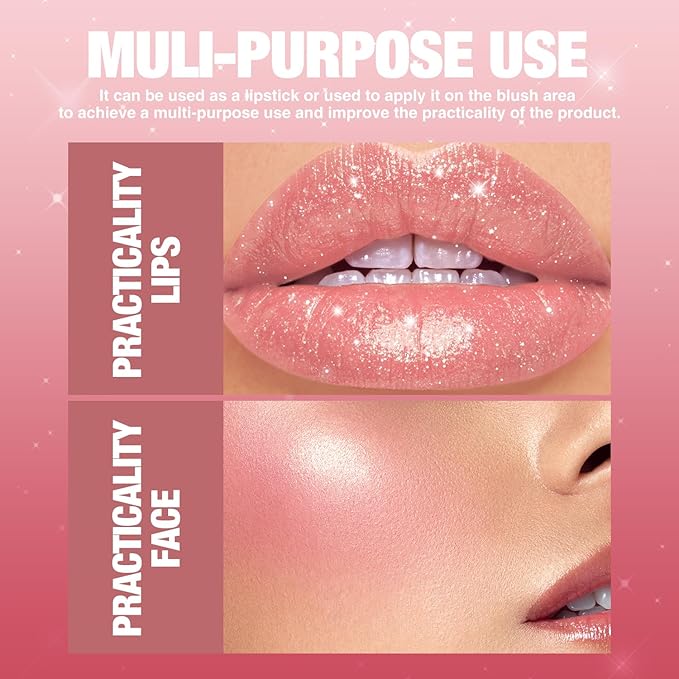 Jolilab Sparkling Lip Gloss, Long Lasting Waterproof Moisturizer Lip Balm Glitter Shimmer Metallic Lipstick, Diamond Shiny Lipstick for Women Girls, Non-sticky