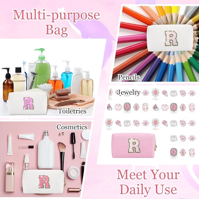 Glitter Initial Letter Makeup Bag, Small Personalized Sequins Letters PU Leather Cosmetic Bag Portable Waterproof Makeup Zipper Pouch, Shine Handbag Organizer Travel Bag Gifts for Women&Girls(White-R)