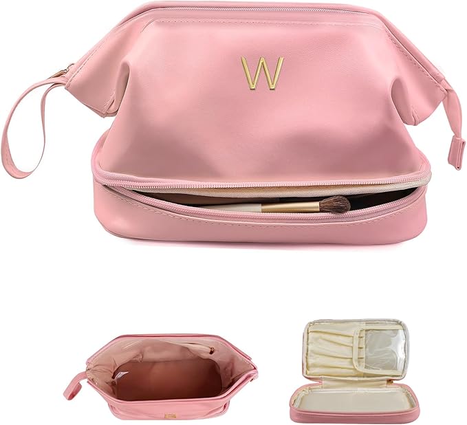 Gifts for Teen Girls, Initial Large Makeup Bag, Personalized Double Layer Cosmetic Bag with Makeup Brush Organizer, Waterproof, Large Capacity PU Leather Toiletry Bag, Friend gifts