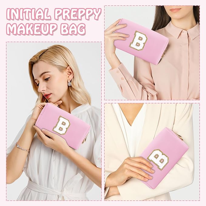 Small Initial Preppy Makeup Bag Organizer, Pink Cute Chenille Letter Cosmetic Pouch with Zipper Toiletry Bags for Traveling, Waterproof PU Makeup Case Personalized Gifts for Bachelorette(Letter B)