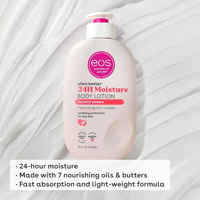 eos Shea Better Body Lotion Coconut Waters, 24-Hour Moisture Skin Care, Lightweight & Non-Greasy, Natural Shea, Vegan, Coconut Body Lotion, 16 fl oz