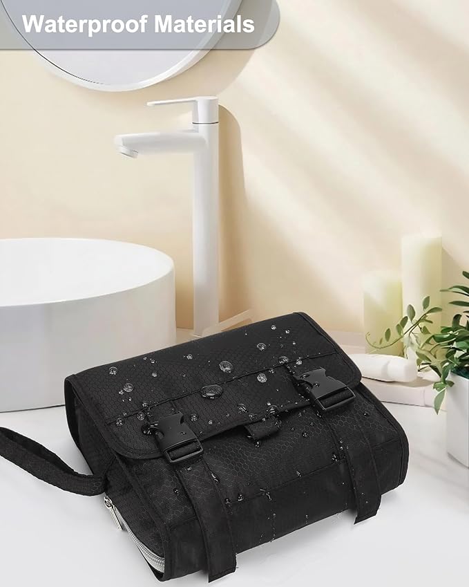 Small Hanging Toiletry Bag for Men and Women, Portable Hanging Organizer for Travel-Sized Shower Dopp Kit, Makeup Accessories, Waterproof Toiletries Organizer with 3 Compartments for Outdoor - Black