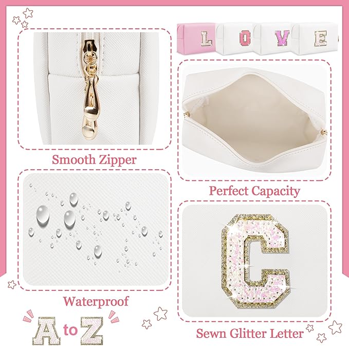 Personalized Initial Letter Patch Makeup Bag, Preppy Portable Chenille Letter Cosmetic Bag with Zipper, PU Leather Waterproof Travel Toiletry Bag
