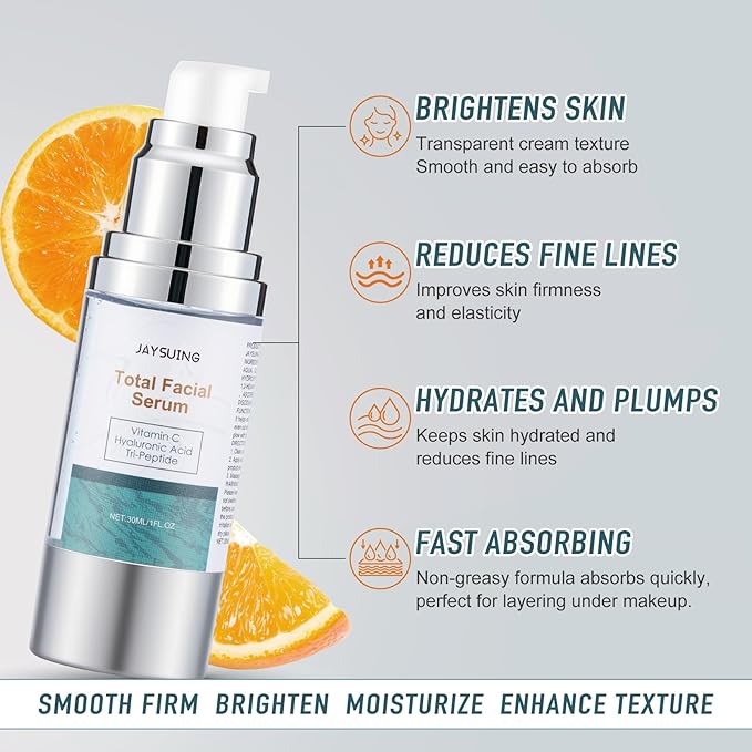 Super Vitamin C Face Serum, with Vitamin C, Hyaluronic Acid, Tripeptides, firms and lifts skin, Targets Dark Spots and Wrinkles, total package serum, Anti-Aging Formula for Mature Skin -1 fl. oz