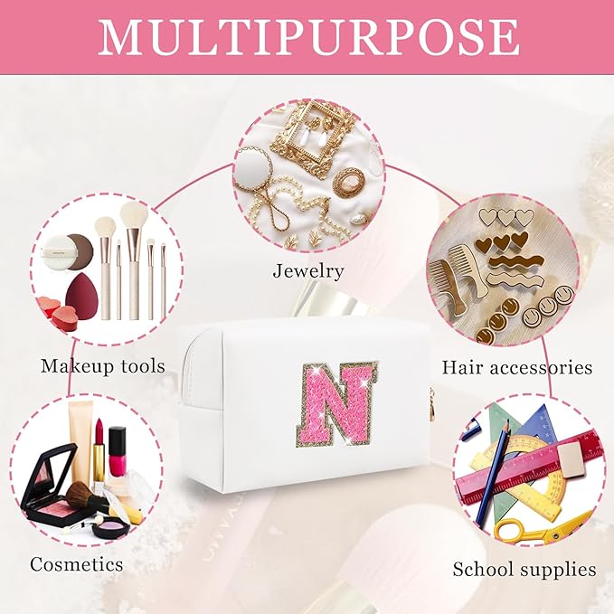Personalized Initial Letter Makeup Bag, Small Glitter Letter Patch Cosmetic Pouch Zipper, Preppy Makeup Organizer PU Waterproof Travel Toiletry Bag, Monogrammed Birthday Gift for Women Girls
