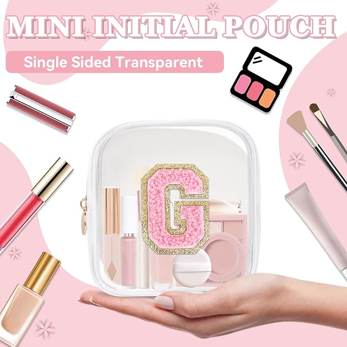 Mini Clear Personalized Initial Makeup Bag,Nylon Preppy A-Z Chenille Letter Patch Zipper Cosmetic Bag, Small Cute Beach Pouch Travel Purse Sanitary Napkin Storage Bag for Women Girls(White-Pink G)