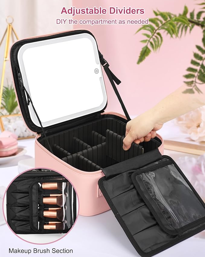Relavel Initial Makeup Bag with LED Mirror for Women Girls, Personalized Travel Cosmetic Organizer Train Case, Birthday Gifts for Grandkids Bridesmaid Graduation Teacher Friends, Trendy Stuff, Pink K