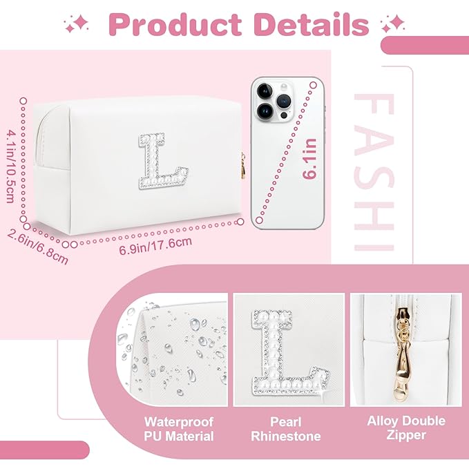 Bride Gifts – Personalized Initial Makeup Bag with Pearl Rhinestone Patch, Preppy White Monogram Cosmetic/Toiletry Pouch, bridesmaid Gifts, Bridal Shower Gifts, Wedding Gifts, Bridal Gifts,L