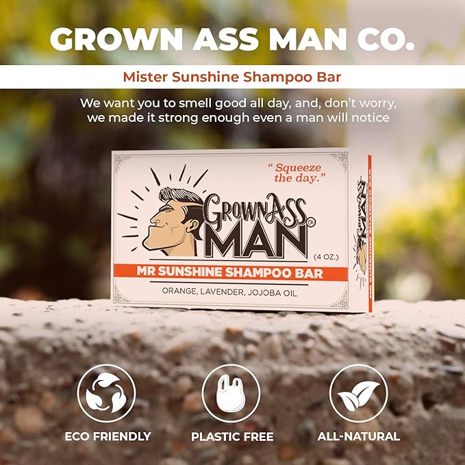 Grown Ass Man Co. - Solid Shampoo Bar Rich Lather 3 in 1: Hair, Beard & Body Wash - Plastic Free & Eco-Friendly, Natural & Organic Clean for All Hair Types, 4oz Bar (Mister Sunshine, 3-Pack)