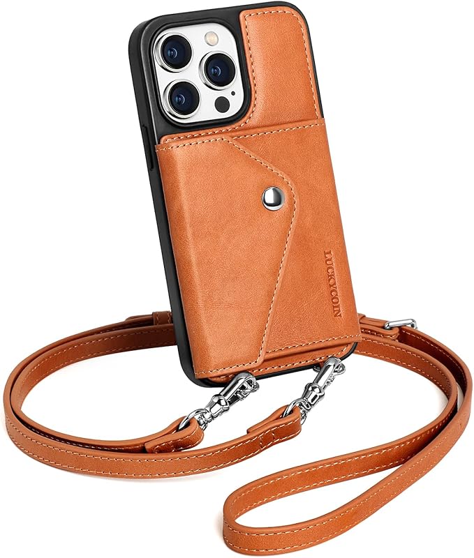 LUCKYCOIN Crossbody Wallet Phone Case for iPhone 15 Pro,100% Genuine Leather Wallet Phone Case with Expandable Flip Card Holder,Phone Purse for Women with Adjustable Removable Strap - Brown