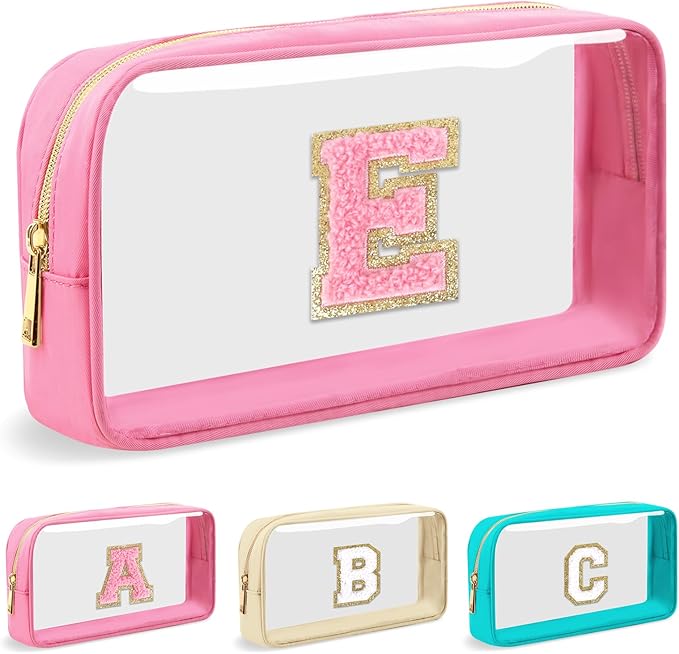 Personalized Initial Letter Clear Makeup Bag,Preppy Small Nylon&PVC Cosmetic Zipper Bag with Chenille Letter,Portable Beach Travel Skincare Toiletry Bag,Trendy Monogram Gift for Teen Girls Women,E