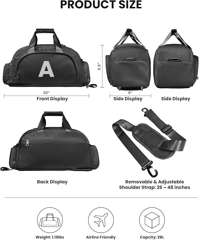 Birthday Gifts for Boys Teens, Initial Gym Bags with Shoe Compartment, Dance Bag for Girls, Monogram Kid Overnight Bags, Carry on Travel Duffel-Perfect for Sport Gymnastics (Letter A)