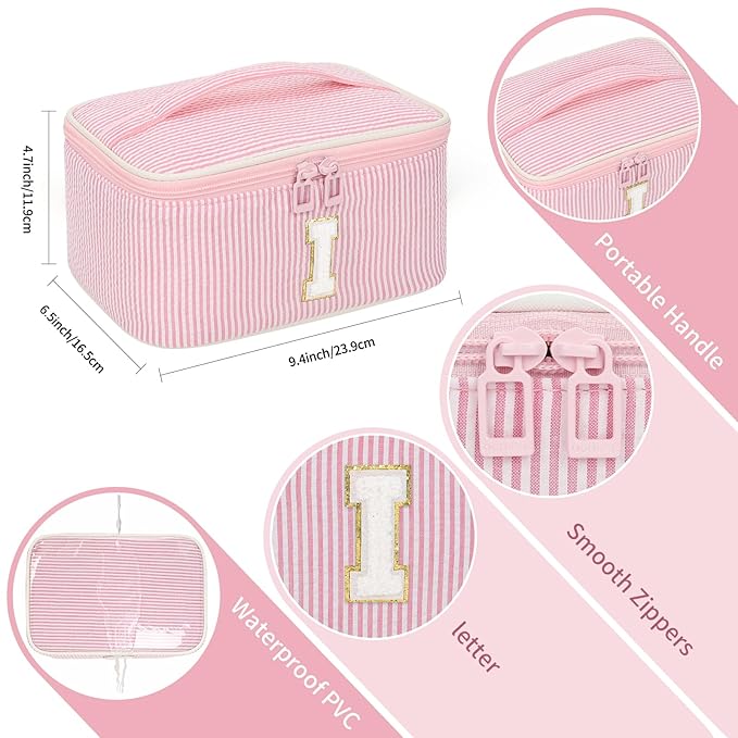 OCHEAL Makeup Bag for Women, Monogram Cosmetic Bag with Brush Holder, Pink Travel Makeup Case Beauty Toiletry Bag Organizer Personalized Gifts for Girls Bridesmaid, Sister, Wife, Friends Initial I