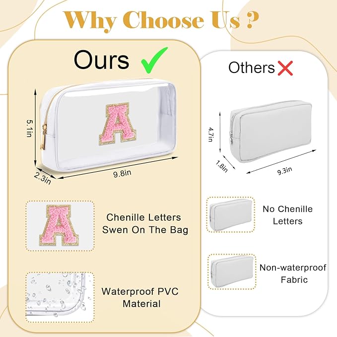 Personalized Initial Letter Clear Makeup Bag,Preppy Small Nylon&PVC Cosmetic Zipper Bag with Chenille Letter,Travel Skincare Toiletry Bag,Monogram Christmas Gift for Teen Girls Women,Z