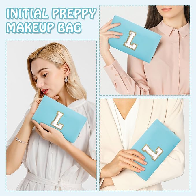 Personalized Initial Preppy Makeup Bag Organizer, Small Blue Cute Travel Cosmetic Bag Toiletry Zipper Pouch for Women, Portable Waterproof PU Make Up Case Birthday Gifts for Friends Teacher(Letter L)