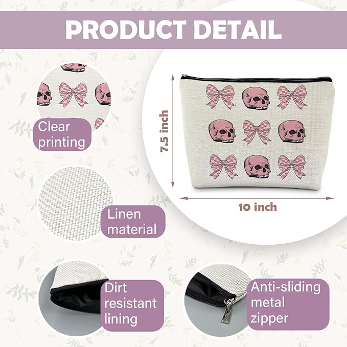 Goth Gothic Makeup Bag With Pink Bow - Skull Cosmetic Bag for Women, Girly, Cute Gothic Accessory for Skull Lovers