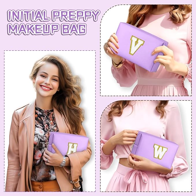 TOPEAST Initial Cosmetic Bag for Women, Preppy Small Makeup Bag, PU Leather Waterproof Toiletry Bag, Monogrammed Birthday Gifts for Women, Stuff for girls (Purple S)