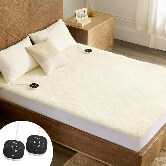 Bwarm Muilt-Zone Heated Mattress Pad Queen Wool Electic Mattress Pad, Touchscreen Bed Warmer with 9 Heat Settings, 1-12 Hours Auto Off Memory Deep Pocket,Machine Wash White Queen 60" x 80"