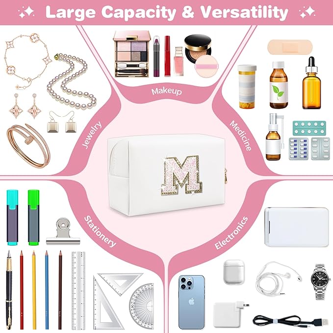 Small Initial Patch Makeup Bag Personalized Gifts Make Up Bag,White Cute PU Leather Glitter Letter Cosmetic Bag with Zipper,Trendy Portable Travel Toiletry Pouch,Preppy Stuff for Teen Girls Women M