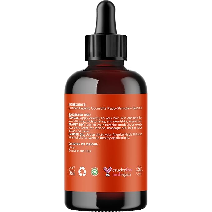 Pumpkin Seed Oil Organic Certified - 100% Pure Organic Pumpkin Seed Oil for Hair and Anti Aging Face Oil - USDA Organic Hair Oil for Dry Hair and Volume - Virgin Cold Pressed & Unrefined (4oz)