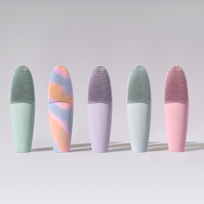 LOLLIPOP Dual-Sided Facial Cleansing Brush | Handle Size Silicone Face Exfoliator and Soft Fiber Cleanser | Manual Face Scrubber for Pores, Makeup Removal, Blackhead and Skincare Routine, Plum