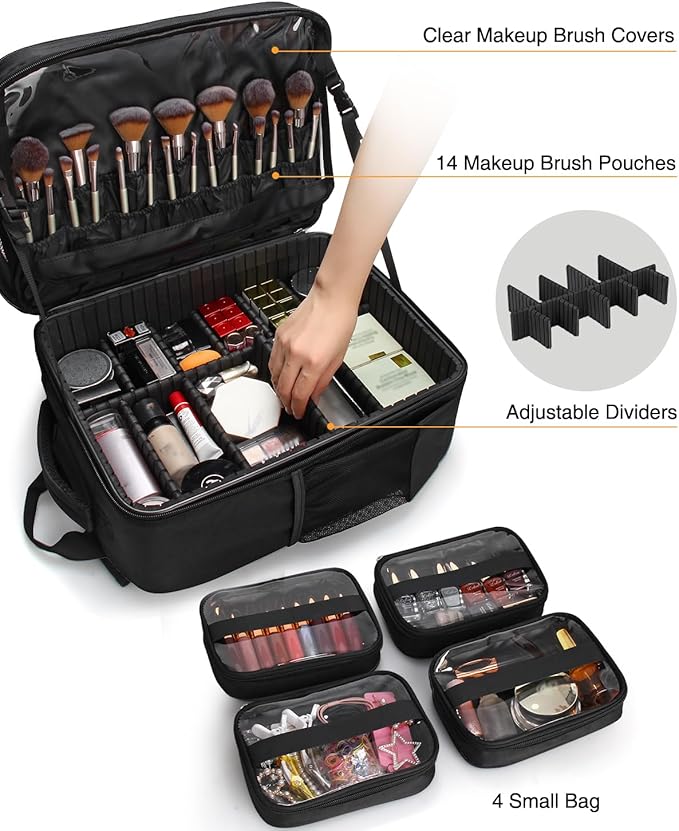 TANTO Makeup Backpack Makeup Artist Bag Professional Extra Large Cosmetic Bag Travel Train Case Storage Organizer Double-Layer Large Capacity Cosmetic Case with 4 Pouch(Black)