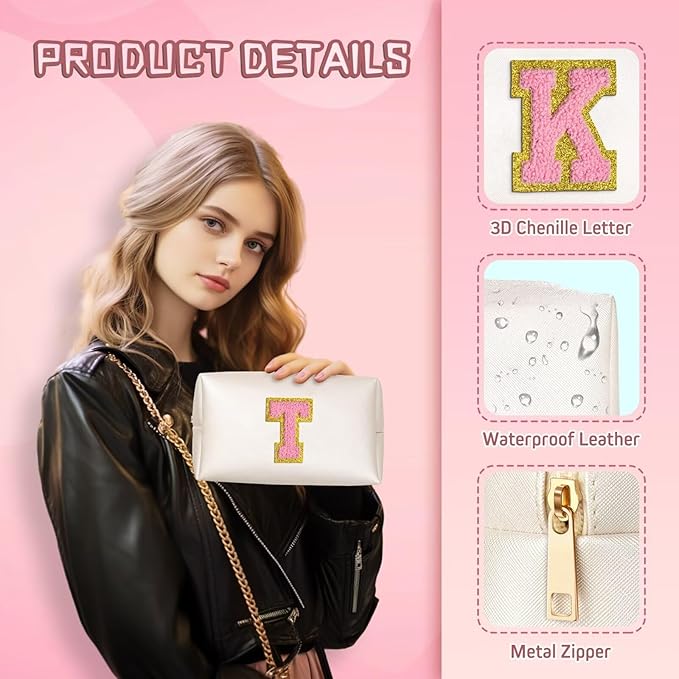 TOPEAST Travel Makeup Bag, Personalized Initial Toiletry Bag w Zipper, Cute Makeup Pouch, PU Leather Waterproof Cosmetic Bag, Birthday Gift for Daughter, Preppy Things for Girls (Pearly White G)