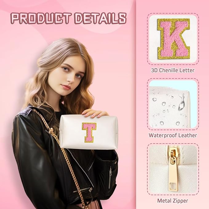 TOPEAST Preppy Small Makeup Bag, Chenille Letter Pouch Cosmetic Bag With Zipper, PU Leather Waterproof Toiletry Bag, Personalized Birthday Gift for Women, Cute Stuff for Girls (Pearly White D)