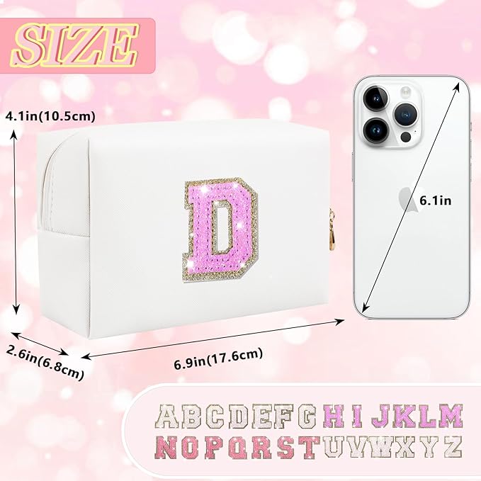 Personalized Initial Letter Makeup Bag, Preppy Glitter Letter Patch Cosmetic Pouch Zipper,PU Waterproof Travel Toiletry Bag Cute Makeup Organizer Monogrammed Make Up Bag,Gift for Women Girls