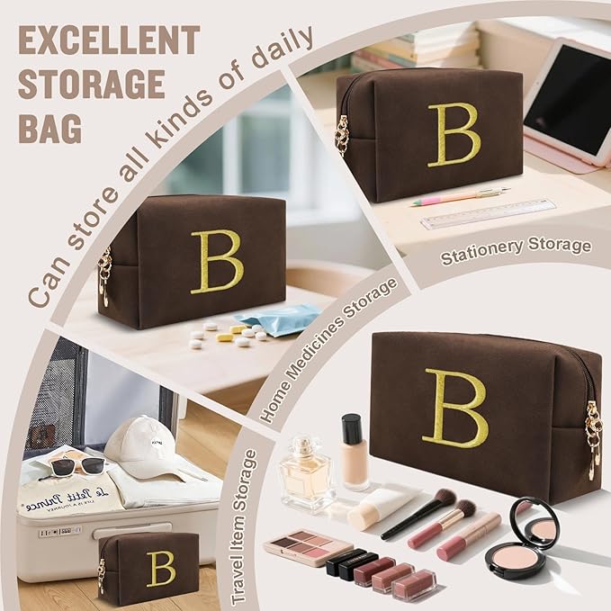 Personalized Initial Makeup Bag,Preppy Suede Cosmetic Bag for Teen Girls,Small Monogram Travel Toiletry Bag With Gold Embroidered Letter,Trendy Stuff Custom Christmas Gift for Women(Coffee-B)