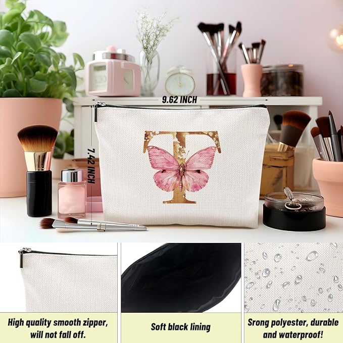 Initial Makeup Bag Pink Butterfly T Personalized Cosmetic Bag Monogrammed Gifts for Women Girls Friend Bestie Monogram Zipper Pouch for Friendship Mothers Day Birthday Wedding Bridal Shower Gifts