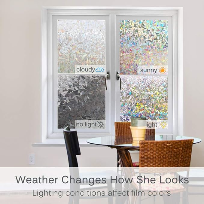 Volcanics Window Privacy Film with Installation Tools, Static Window Clings Vinyl 3D Decals Stickers Rainbow Window Film for Glass Door Home Heat Control Anti UV 23.6 x 157.4 Inches