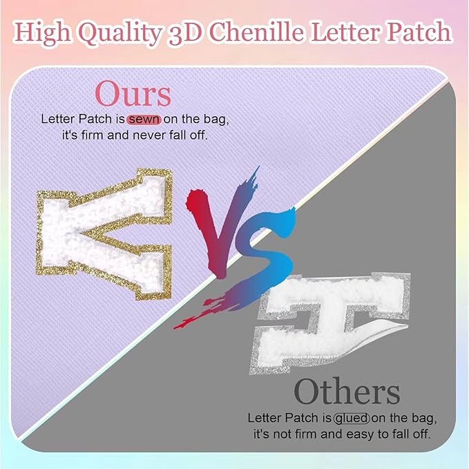 Small Personalized Letter Makeup Bag, Cute PU Leather Chenille Letters Cosmetic Bag Travel Makeup Pouch, Preppy Travel Organizer Zipper Pouch for Women&Girls（Purple-E）