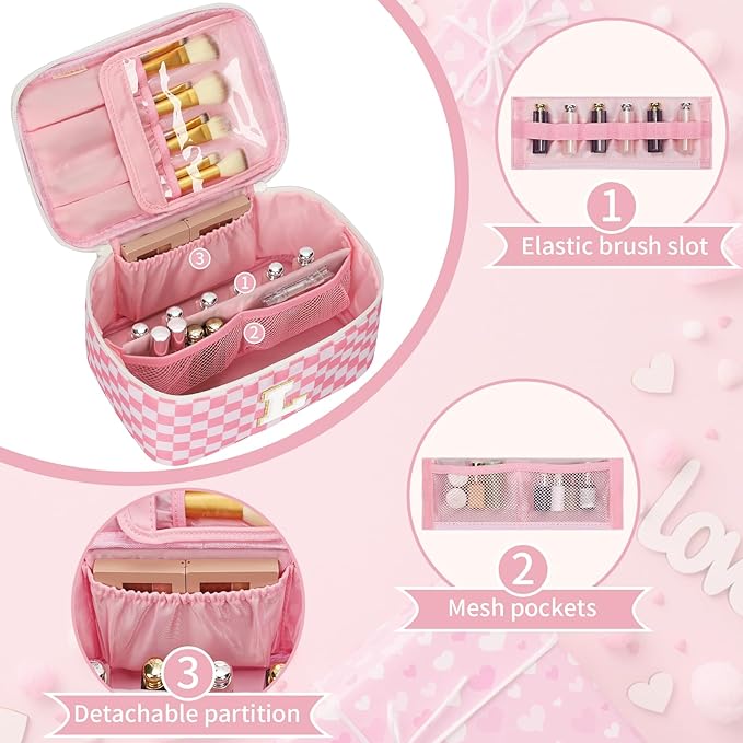 OCHEAL Makeup Bag for Women, Monogram Cosmetic Bag with Brush Holder, Pink Travel Makeup Case Beauty Toiletry Bag Organizer Personalized Gifts for Girls Bridesmaid, Sister, Wife, Friends Initial L