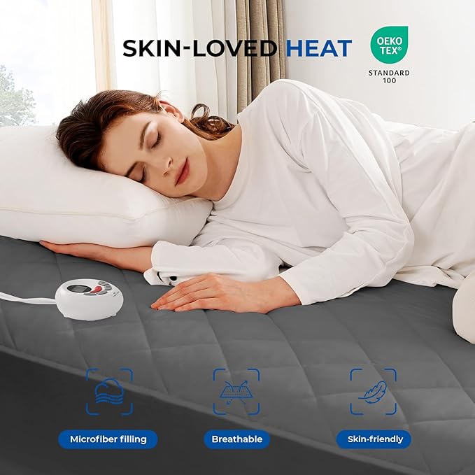 Heated Mattress Pad Twin XL Size Quilted Heating Electric Bed Warmer Comfort Heat Mattress Pad Cover Single Controller（10 Heat Setting | 1-12 Hours Auto Shut Off | with 8-21 Inch Deep Pocket） Gray
