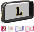 Small Clear Personalized Initial Makeup Bag,Nylon Preppy A-Z Chenille Letter Patch Cosmetic Pouch Beach Toiletry Bag,Waterproof Zipper Travel Purse Storage Bag Organizer for Women Girls(Black-Black L)