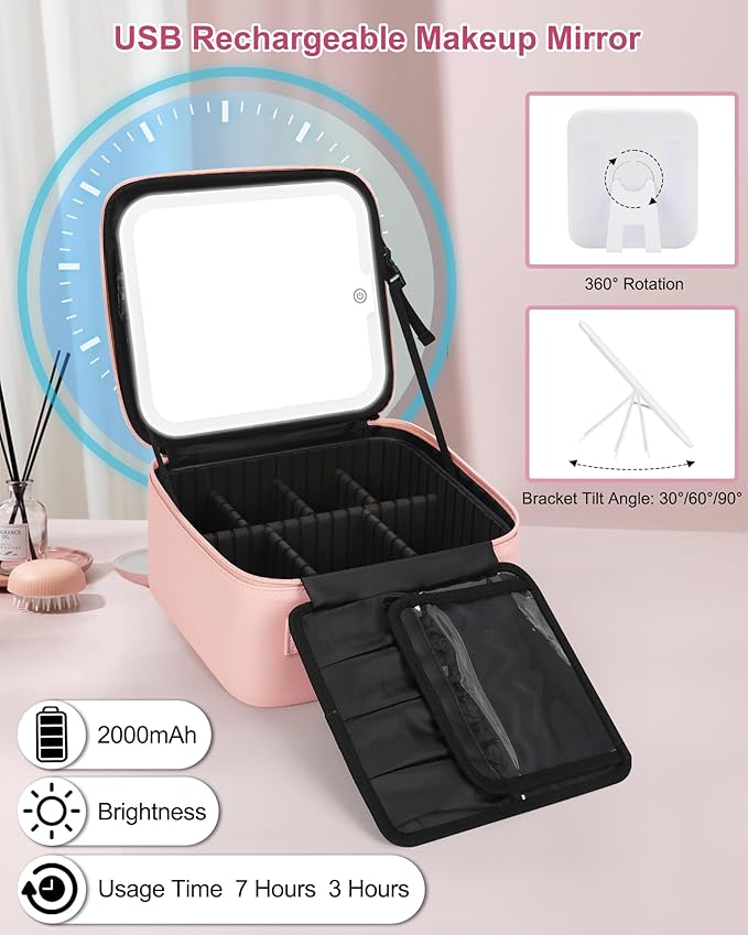 Relavel Initial Makeup Bag with LED Mirror for Women Girls, Personalized Travel Cosmetic Organizer Train Case, Birthday Gifts for Grandkids Bridesmaid Graduation Teacher Friends, Trendy Stuff, Pink M