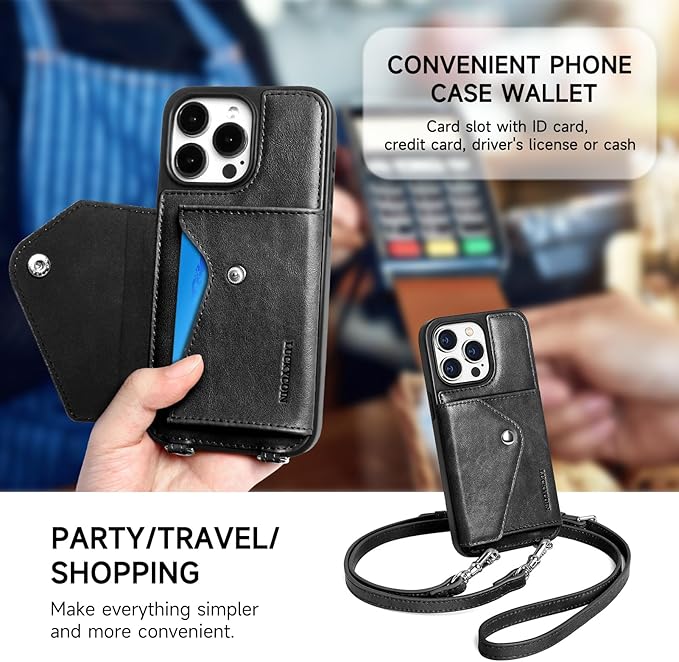 LUCKYCOIN Crossbody Wallet Phone Case for iPhone 15 Pro Max,100% Genuine Leather Wallet Phone Case with Expandable Flip Card Holder,Phone Purse for Women with Adjustable Removable Strap - Black