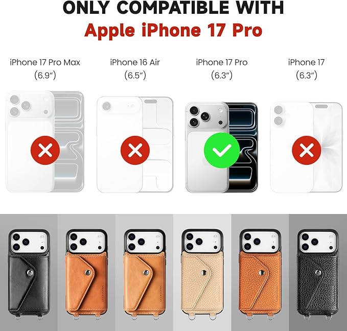 LUCKYCOIN Crossbody Wallet Phone Case for iPhone 17 Pro,100% Genuine Leather Wallet Phone Case with Expandable Flip Card Holder,Phone Purse for Women with Adjustable Removable Strap - Tan