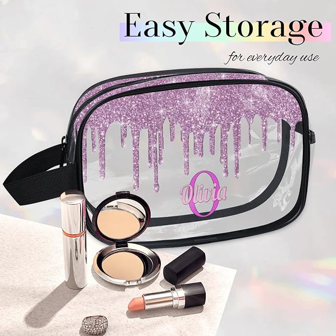 Personalized Clear Makeup Bag with Name, Best Friends Teen Women Mom Birthday Gift PVC Cosmetic Toiletry Travel Bag for Toiletries, Plum Purple Fluid Shape Sequins