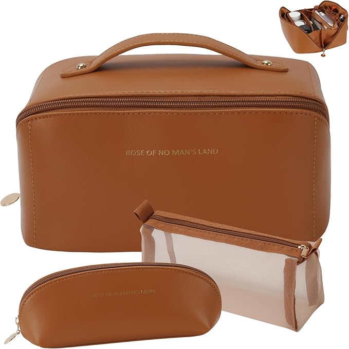 3 Pcs Travel Makeup Bag Portable Large Capacity Cosmetic Bags for Women Open Flat Makeup Case Organizer Bag Set of 3 Waterproof PU Leather Toiletry Bags with Divider and Handle (Brown, Medium)