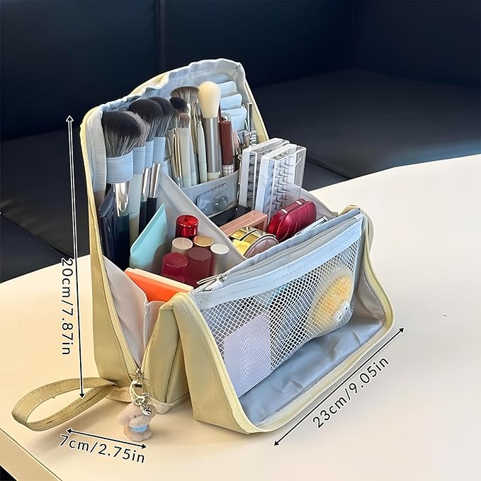Makeup Bag,Standing Makeup Bag – Portable,Large Capacity Multi-purpose Large Capacity Oxford Cloth Standing Makeupbag Portable, Aterproof,Compartments and Handle (Beige)
