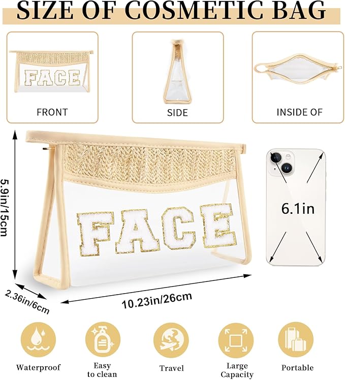 Small Boho Straw Clear Face Makeup Bags for Women&Girls, Zipper Cosmetic Bag Chenille Varsity Letter Patch Bag, Preppy Cute Toiletry Pouch, Trendy Organizer Storage Bag for Beach Travel Essentials