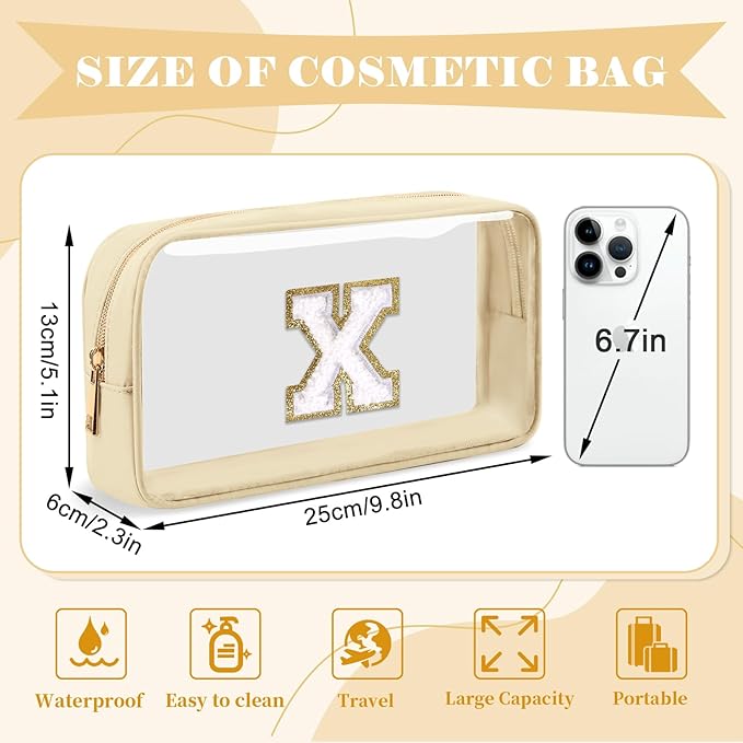 Personalized Initial Letter Clear Makeup Bag,Preppy Small Nylon&PVC Cosmetic Zipper Bag with Chenille Letter,Portable Beach Travel Skincare Toiletry Bag,Trendy Monogram Gift for Teen Girls Women,X