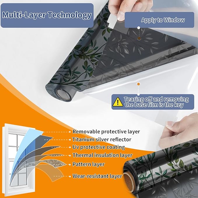 One Way Privacy Film, Window Tint for Home,Daytime Reflective, Anti UV Static Cling Sliding Door Coverings No Glue Garage Solar Paper (Black - Silver-Leaves, 17.5 x 78.7 in)