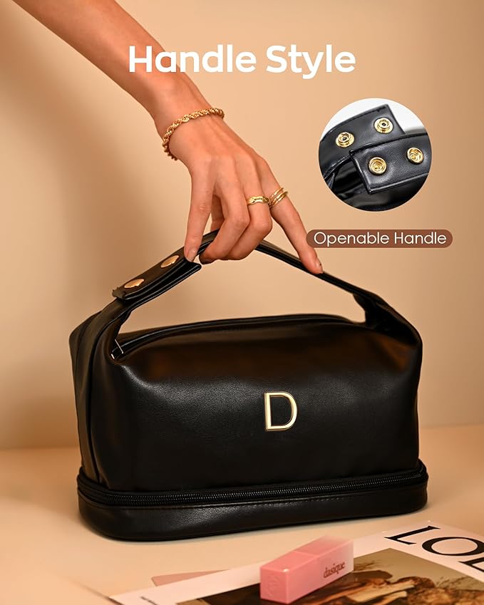 Makeup Bag Personalized Bags with Handle, Waterproof Double Layer Cosmetic Bag, Large Capacity PU Leather Makeup Bags Letter Travel Toiletry Bag with Makeup Brush Organizer