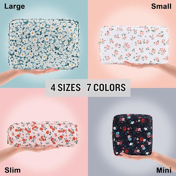 Nylon Small Floral Makeup Bag for Purse, Cute Preppy Makeup Bag Flower Cosmetic Zipper Pouch Purse, Waterproof Portable Travel Toiletry Makeup Brush Coin Pouch Organizer Storage for Women(Green-Daisy)