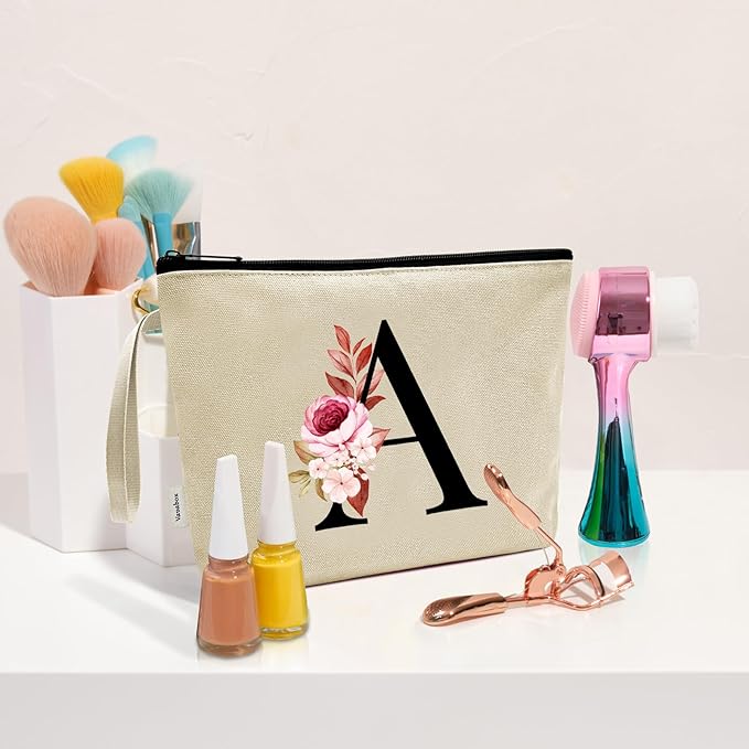 Vavabox A-Z Personalized Makeup Bag, Birthday Gifts for Women Mom, Gifts for Best Friend, Bride Bridesmaid Cosmetic bag (J, Yellow)