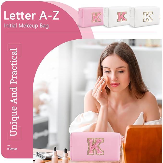 Personalized Initial A-Z Preppy Patch Makeup Bag,Small PU Leather Chenille Letter Cosmetic Bag with Zipper for Teen Girls,Pink Cute Travel Toiletry Bag,Birthday Monogrammed Gift for Daughter,Letter K